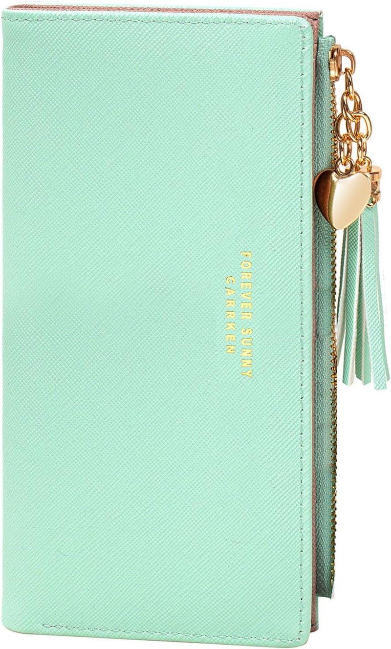 KOTORA Womens Slim Wallet Girls Thin Wallets Pretty Mini Long Card Holder Small Tiny Clutch Zip Purse Love Pendant Tassels Billfold (Green) - Image 1
